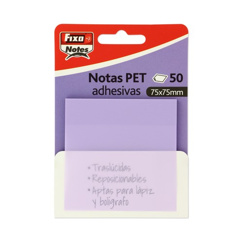 50 notas adhesivas traslúcidas, 75x75mm, color lavanda, FIXONOTES.