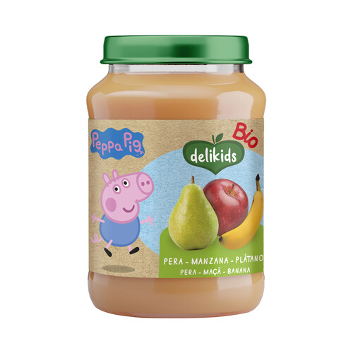 DELIKIDS Bio peppa pig Tarrito de frutas ecológicas (pera, manzana y plátano), a partir de 6 meses 190 g.