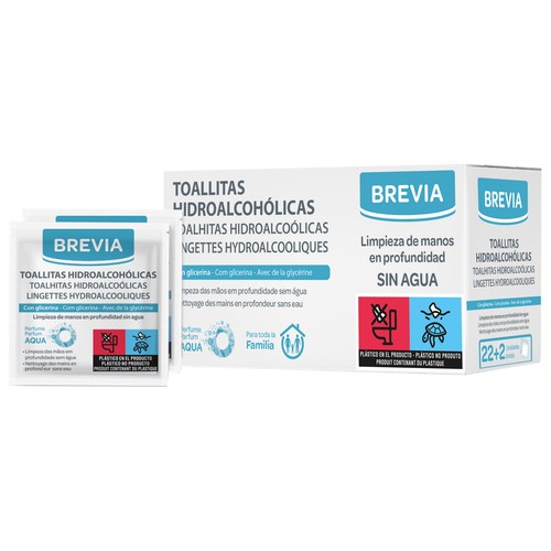 BREVIA Toallitas hidroalcohólicas con glicerina, para limpieza de manos en profundidad 24 uds.