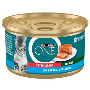 Alimento para gato esterilizado en lata con bacalao y calabacín 85g