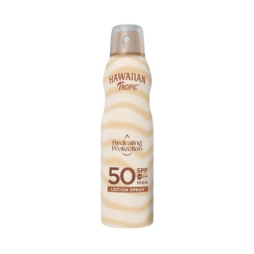 HAWAIIAN TROPIC Hidrating protection Protector solar en spray continuo, con textura bruma ultra ligera no grasa y FPS 50 (muy alta) 220 ml.