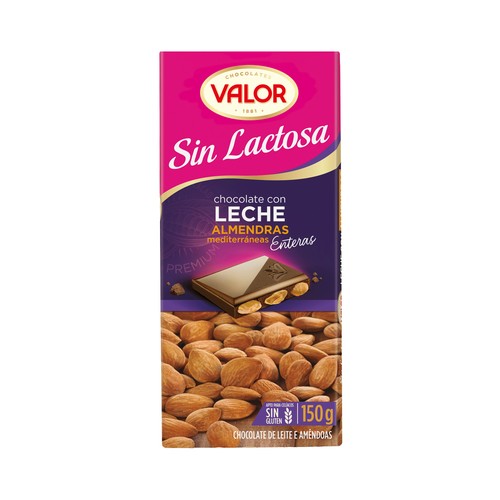 Chocolate con leche y almendras, sin lactosa y sin gluten VALOR 150 g.
