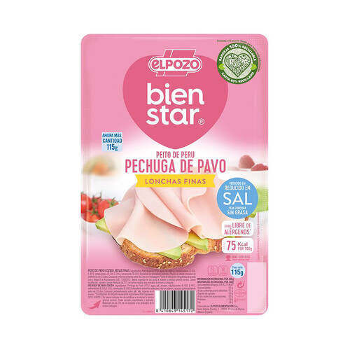 Pechuga de pavo con contenido reducido en sal, cortada en finas lonchas EL POZO Bienstar 115 g.
