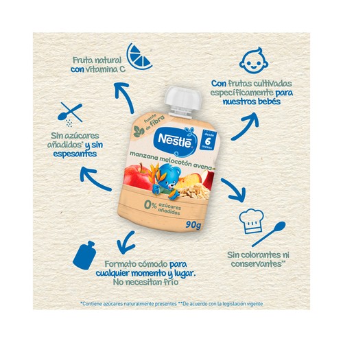 NESTLÉ Bolsita (pouch) de fruta (manzana y melocotón) y avena, a partir de 6 meses 90 g.