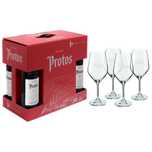 PROTOS 3 Año Estuche con 4 botellas de vino tinto crianza con D.O. Ribera del Duero + 4 copas.