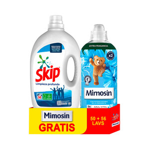 Imagen de SKIP Detergente líquido lavadoras 50 lavados + suavizante Mimosin azul vital 56 lavados.