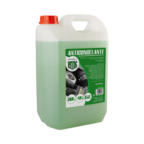 Líquido refrigerante con temperatura de protección de hasta -4ºC, 5L verde, 10% Monoetilenglicol, MOTORKIT.