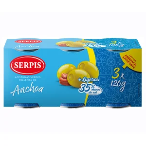 SERPIS Aceitunas verdes rellenas de anchoas (35% menos de sal) lata 3 x 50 g.