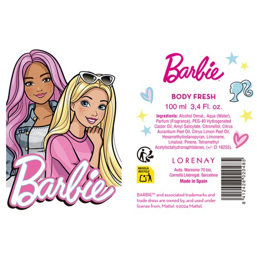 BARBIE Bolso con balsamo labial sabor fresa y body fresh con vaporizador en spray de 100 ml.