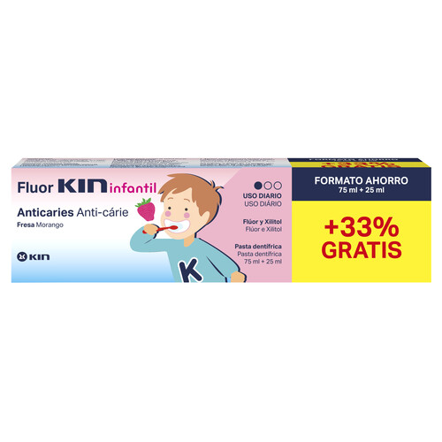 Pasta de dientes infantil con flúor, Xylitol y sabor a fresa KIN 75 ml.