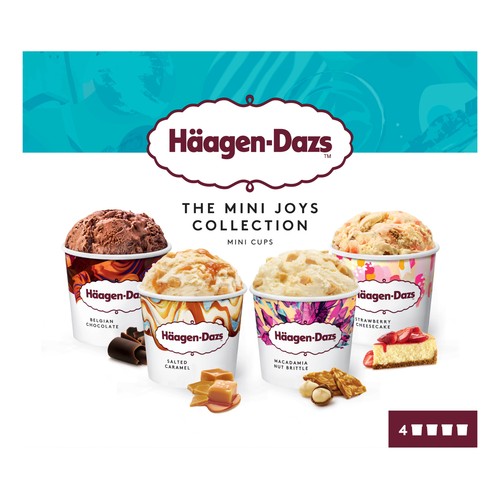HÄAGEN-DAZS Mini tarrinas de helado de chocolate belga, caramelo salado, nueces de Macadamia y cheesecake con fresa 4 x 95 ml.