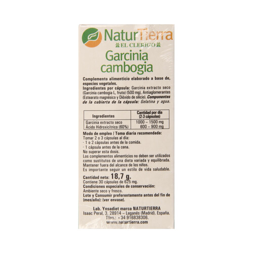 NATURTIERRA Complemento alimenticio con un 60% de ácido hidroxicítrico NATURTIERRA 30 uds.