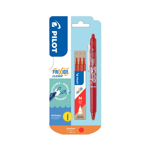 Set bolígrafo borrable con 3 recambios de tinta color rojo Frixion Clicker. PILOT