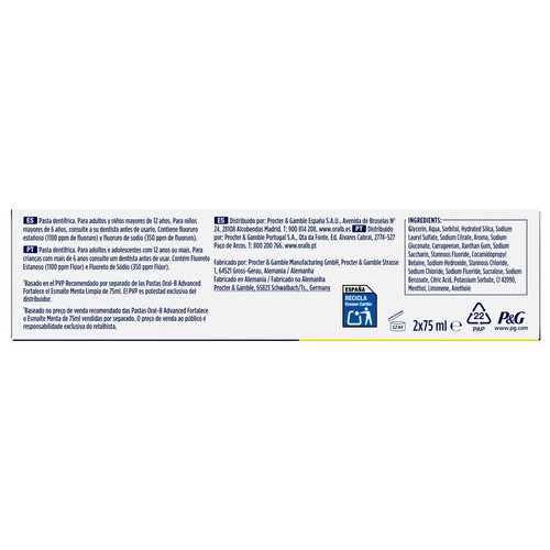 ORAL-B Advanced Pasta de dientes que ayuda a fortalecer el esmalte, sabor menta 2 x 75 ml.