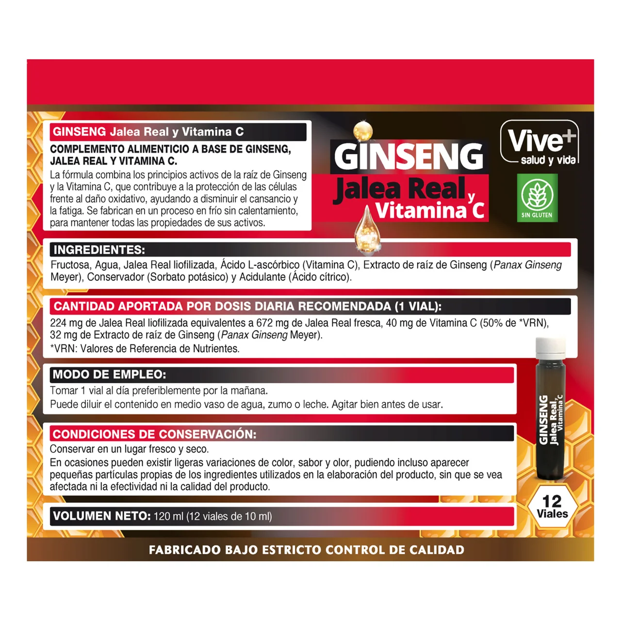 VIVE+ SALUD Y VIDA Ginseng, jalea real y vitamina C VIVE + SALUD Y VIDA 12 uds. x 10 ml.