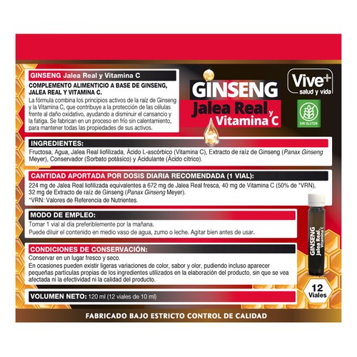 VIVE+ SALUD Y VIDA Ginseng, jalea real y vitamina C VIVE + SALUD Y VIDA 12 uds. x 10 ml.