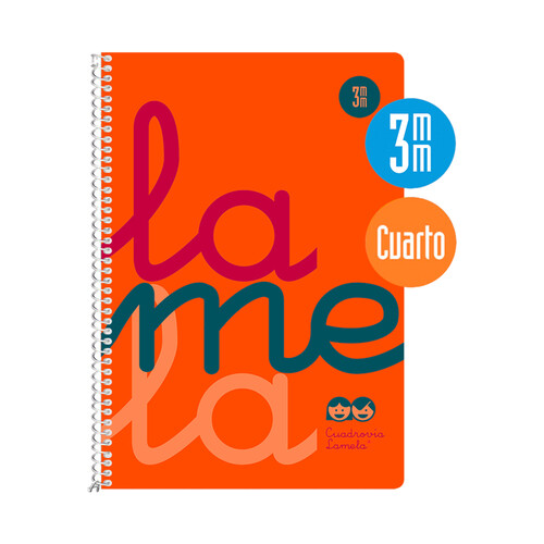 Cuaderno con tapas de polipropileno color naranja, tamaño cuarto, cuadrovía 3mm, 80 hojas, EDITORIAL LAMELA.