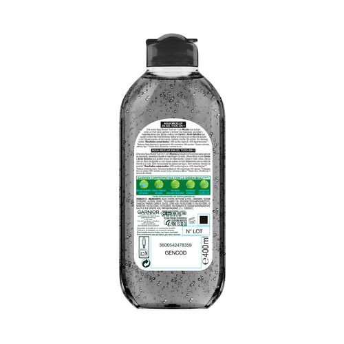 GARNIER Pure active Agua micelar en gel todo en 1 con carbón, para piel con imperfecciones 400 ml.