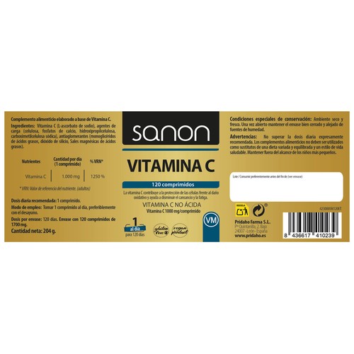 SANON Vitamina C (Complemento nutricional) 120 comprimidos.