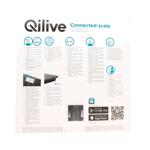 Báscula electrónica para baño, de color gris, con base de cristal templado y bluetooth QLIVE.