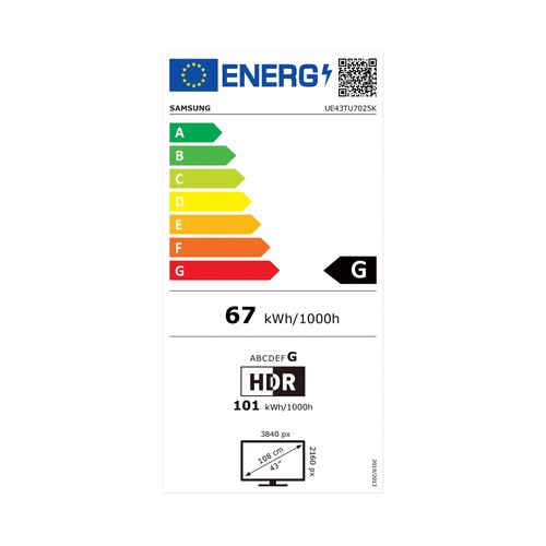 Televisión 109,22 cm (43") LED SAMSUNG ﻿UE43TU7025KXXC 4K, HDR 10+, SMART TV, WIFI, TDT T2, USB reproductor y grabador, 2HDMI, 2000HZ.