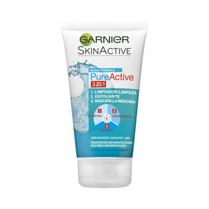 GARNIER Gel limpiador 3 en 1 (limpia, exfolia y purifica) al la vez que da un tono uniforme a la piel GARNIER Skin active pure active 50 ml.