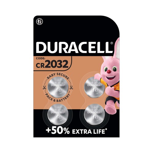 Pack de 4 pilas de botón de litio CR2032, 3V, DURACELL.