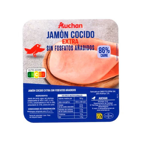 AUCHAN Jamón cocido extra sin fosfato Producto Alcampo - Loncha fina 1 mm