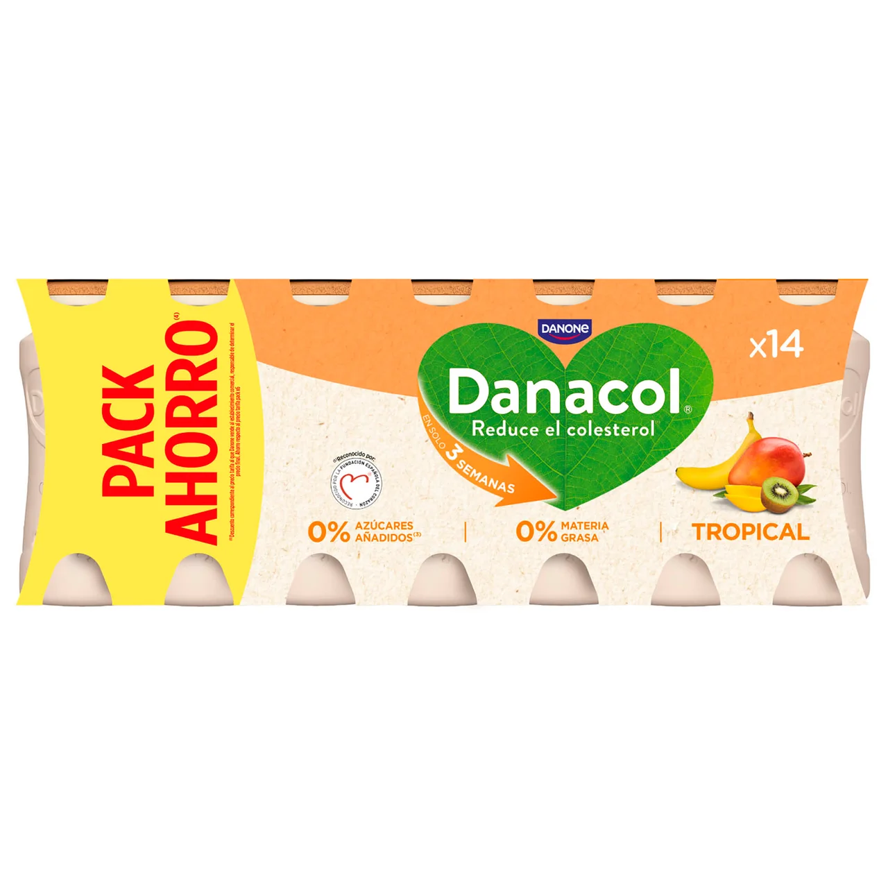 De Danone Leche fermentada desnatada con edulcorantes, esteroles vegetales añadidos y sabor tropical 14 x 96 ml.