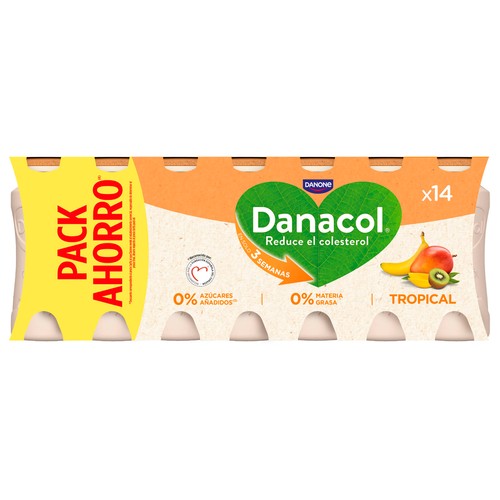 DANACOL de Danone Leche fermentada desnatada con edulcorantes, esteroles vegetales añadidos y sabor tropical 14 x 96 ml.