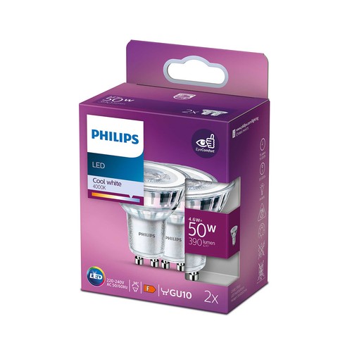 Bombilla Led GU10, 4,6W= 50W, luz neutra 4000K, 390lm, PHILIPS