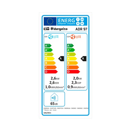 Aire acondicionado portátil ORBEGOZO ADR97, 2.250 Frig/h, 1.720 Kcal/h, A, A, 4 en 1: Frío, calor, ventilación y deshumidificación, temporizador hasta 24h, gas R290