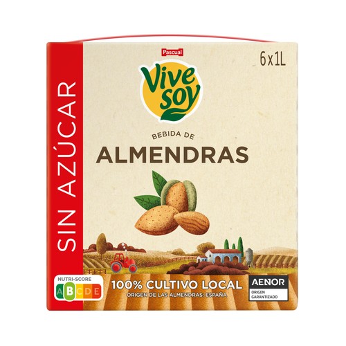 Bebida de almendras sin azúcar, de cultivo 100% local VIVESOY de Pascual 6 x 1 l.