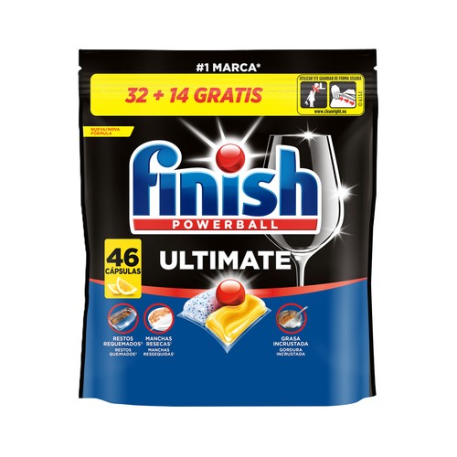 FINISH Ultimate Detergente todo en 1, en cápsulas para lavavajillas, con aroma a limón 32 + 14 uds.