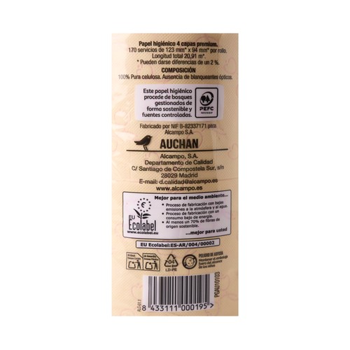 PRODUCTO ALCAMPO Papel higiénico con cuatro capas premium y certificado Ecolabel 8 uds.