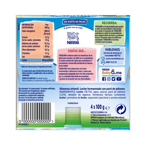 YOGOLINO Postre lácteo de plátano, adaptado a niños desde los 6 meses YOGOLINO de Nestlé 8 x 100 g.