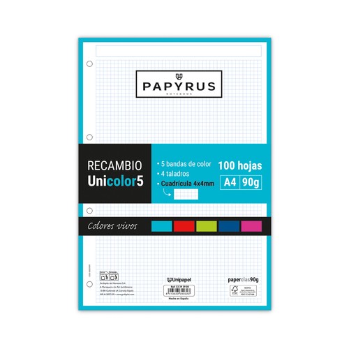 Recambios de folios A4 cuadrícula 4x4mm, 100 hojas con taladros 100gr Uniclasic. UNIEXTRA