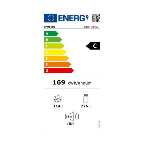 Frigorífico combi SAMSUNG RB38T675CS9/EF NO FROST, clasificación energética: E, H: 203cm, A: 59,5cm, F: 65,8cm, capacidad total: 393L.