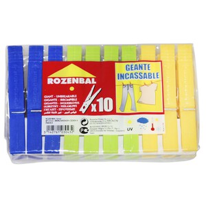Imagen de 10 pinzas para tender de gran tamaño fabricadas en plástico de colores ROZENBAL.