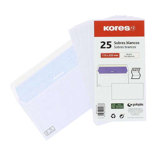 Paquete de 25 sobres de tamaño 115 x 225 mm, peso de 90 g/m² y de color blanco KORES.