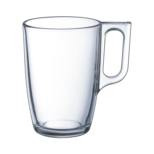 Mug o taza alta con asa, con capacidad de 32 centilitros fabricada en vidrio transparente LUMINARC 1 unidad.
