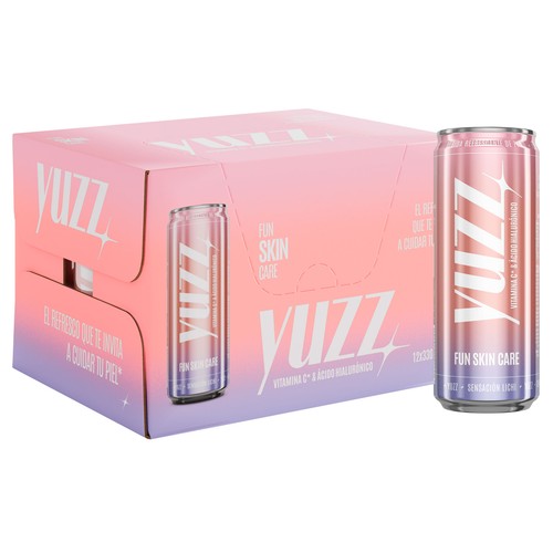 YUZZ Bebida refrescante de zumo de manzana con ácido hialurónico y vitamina C lata 33 cl.