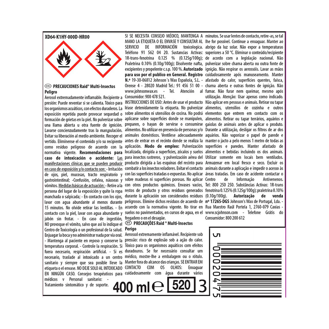 Insecticida especial hormigas, arañas, mosquitos, cucarachas, chinches, etc 400 ml.
