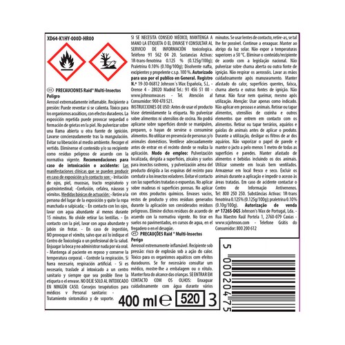 RAID Insecticida especial hormigas, arañas, mosquitos, cucarachas, chinches, etc 400 ml.