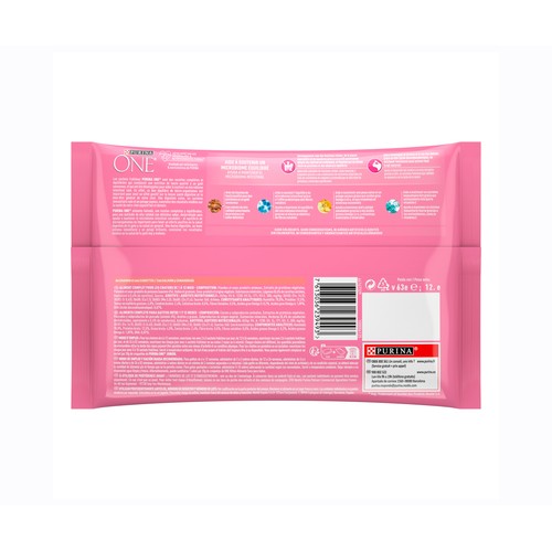 PURINA ONE Comida para gatos junior 1 -12 meses a base de salsa con salmón y zanahoria PURINA ONE 4 uds. 85 g.