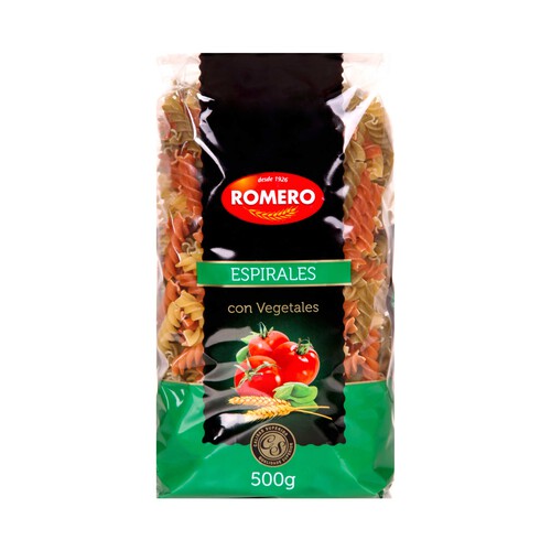 ROMERO Pasta espirales con espinacas y tomate ROMERO paquete de 500 gr.