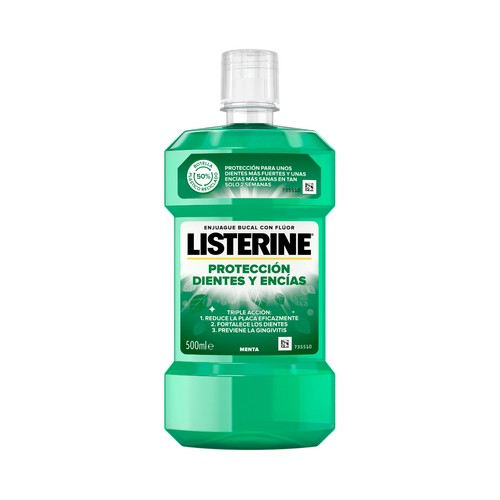 LISTERINE Enjuague bucal de uso diario, protector de dientes y encías con sabor a menta fresca 500 ml.