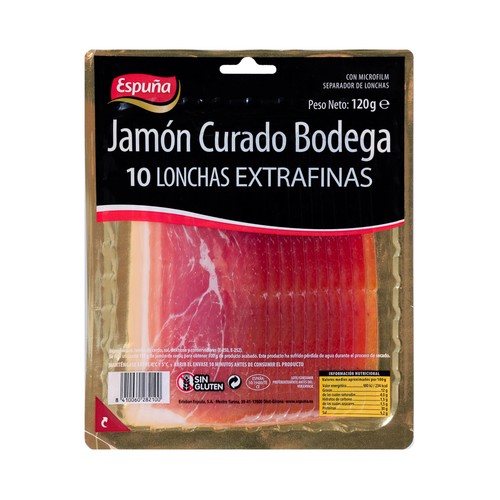 Jamón curado bodega, cortado en lonchas extrafinas ESPUÑA 120 g.