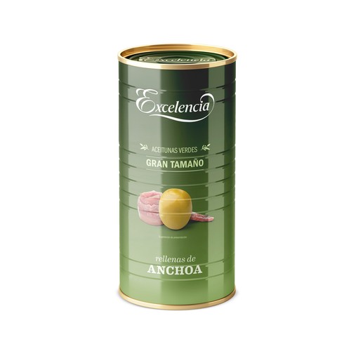 EXCELENCIA Aceitunas verdes manzanilla rellenas de anchoa lata de 600 g.