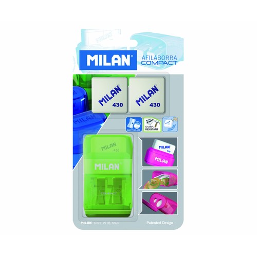 Sacapuntas con 2 agujeros  + borrador con soporte protector + 2 recambios borrador MILAN Compact.